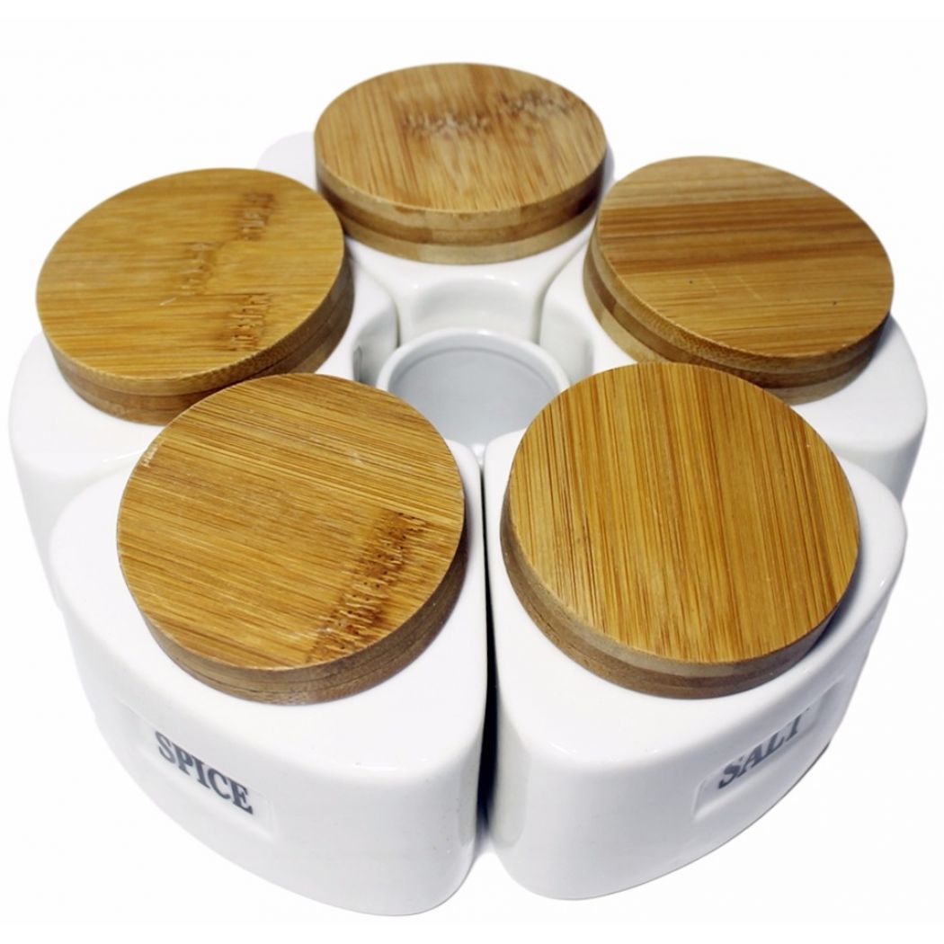 Set Of 5 Ceramic Canister with Bamboo Base JC6661 - white -brown